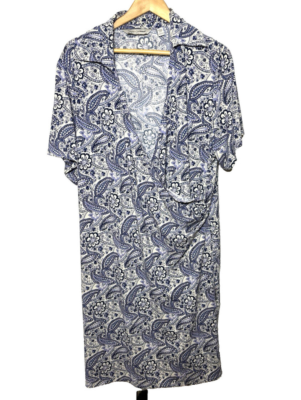 Soft By Avenue Dress Size 22/24 Paisley Blue V Neck Wrap Look Short Sleeve